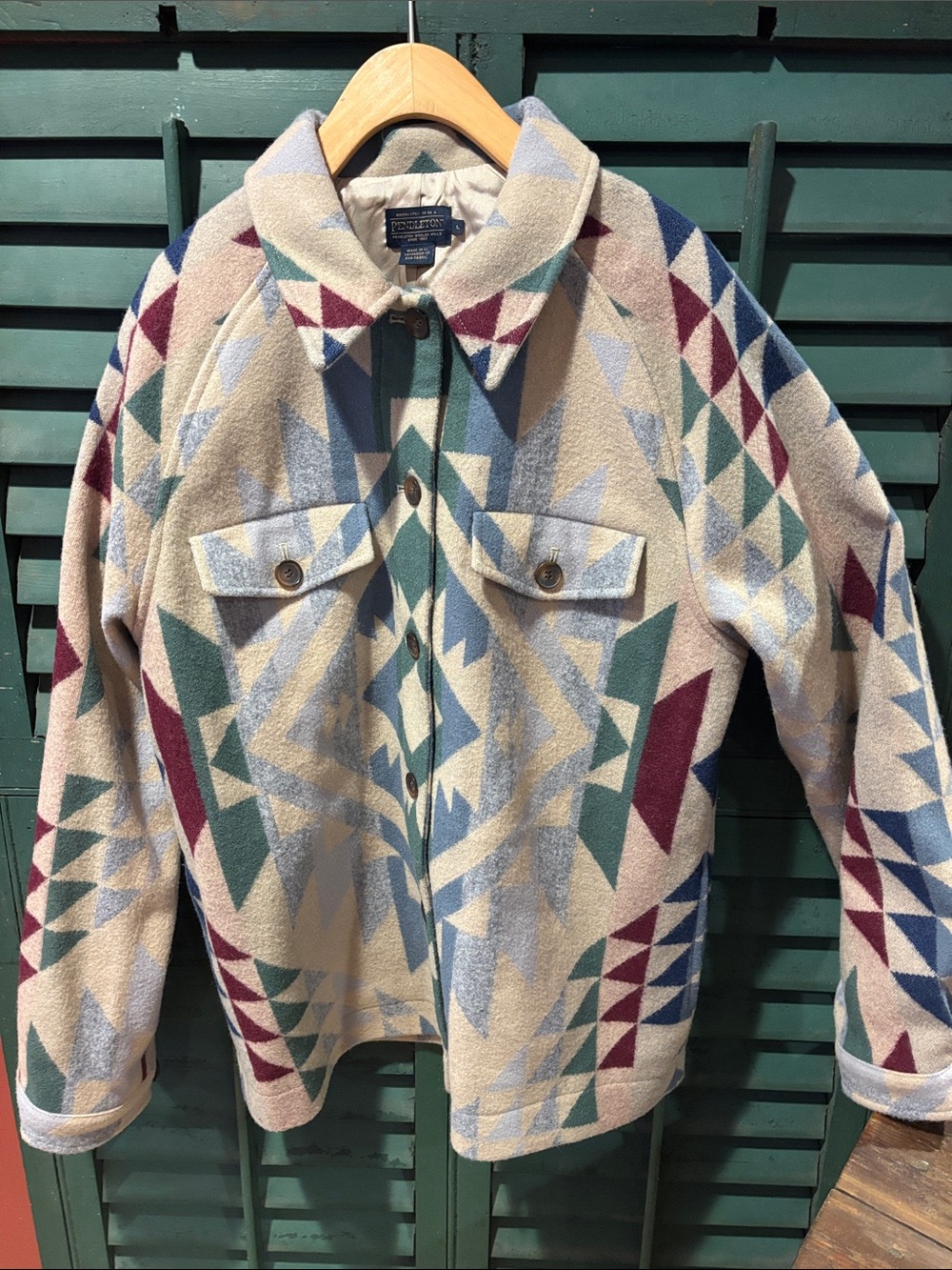 FREE PEOPLEPendleton Cream Multi Geometric Wool Jacket with Teal & Burgundy Acce